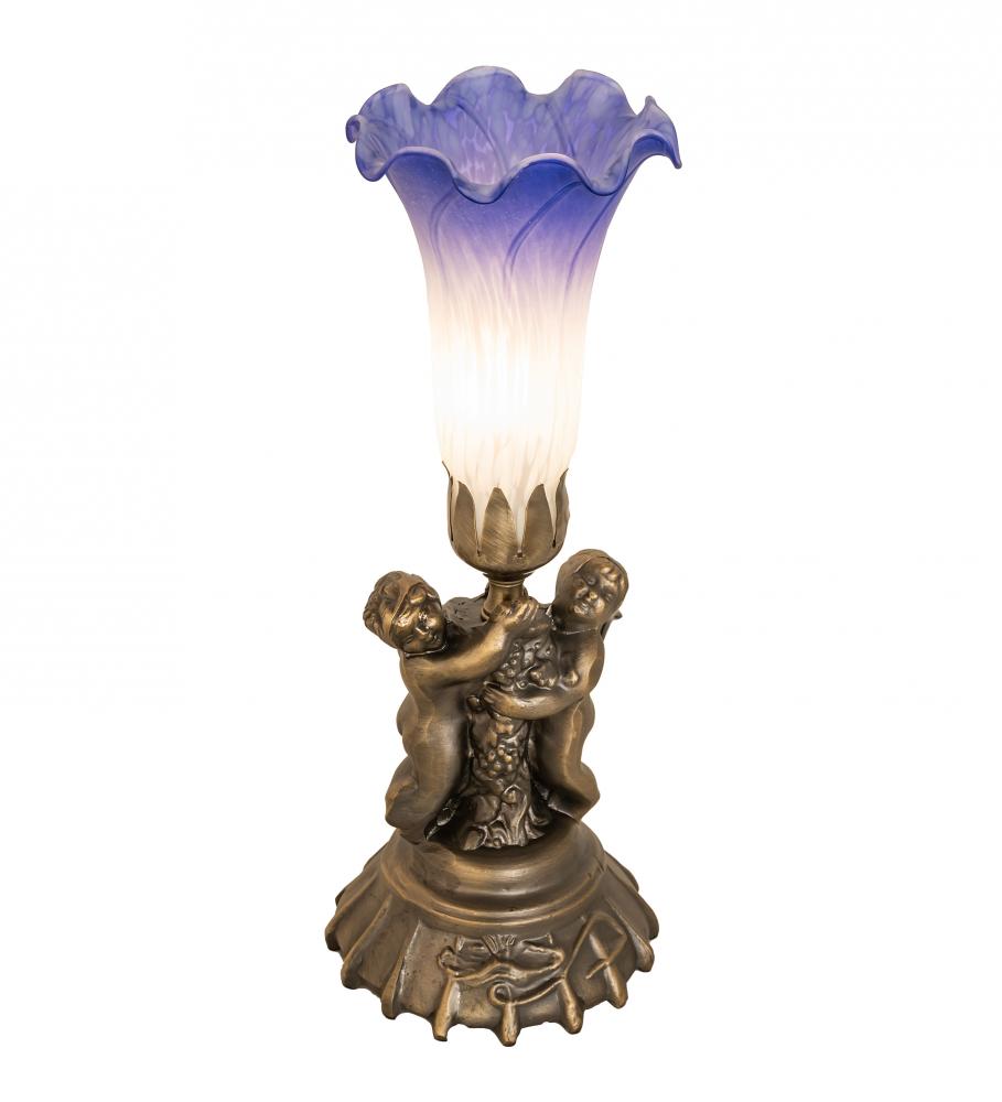 13" High Blue/White Pond Lily Twin Cherub Mini Lamp