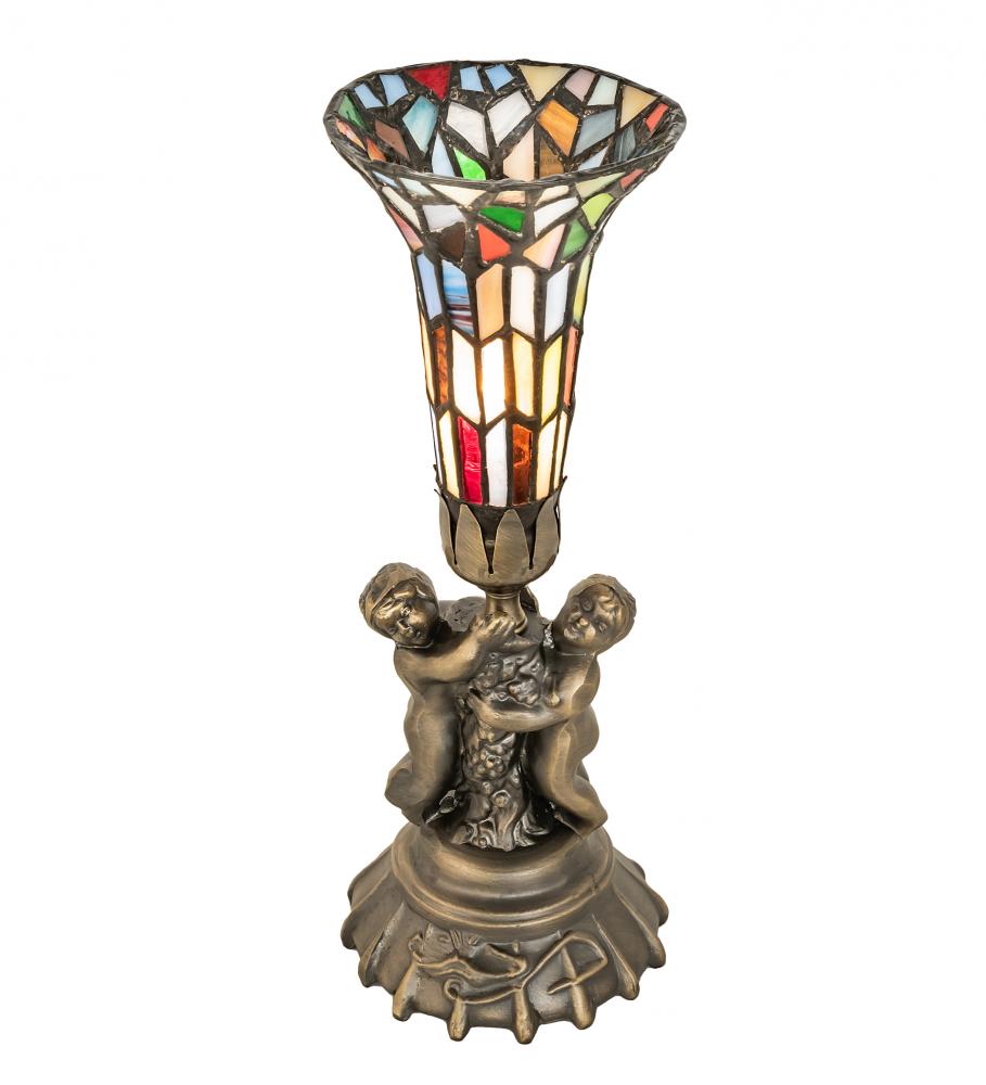13" High Stained Glass Pond Lily Twin Cherub Mini Lamp