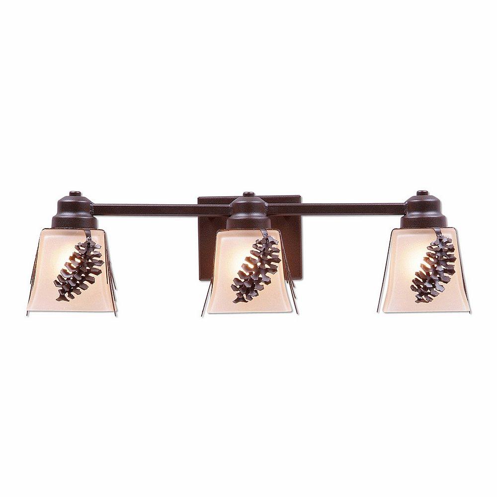 Woodland Triple Bath Vanity Light - Spruce Cone - Tea Stain Glass Bowl - Dark Bronze Metallic Finish