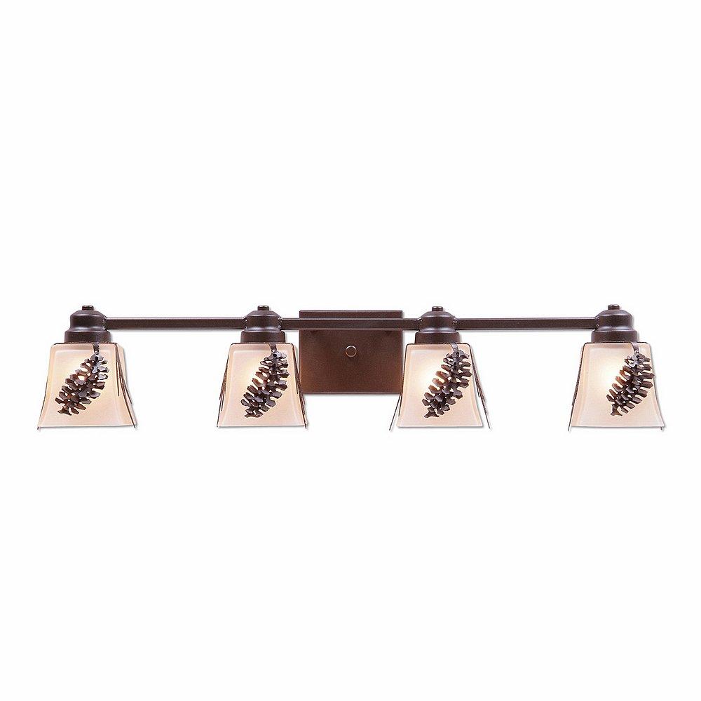 Woodland Quad Bath Vanity Light - Spruce Cone - Tea Stain Glass Bowl - Dark Bronze Metallic Finish