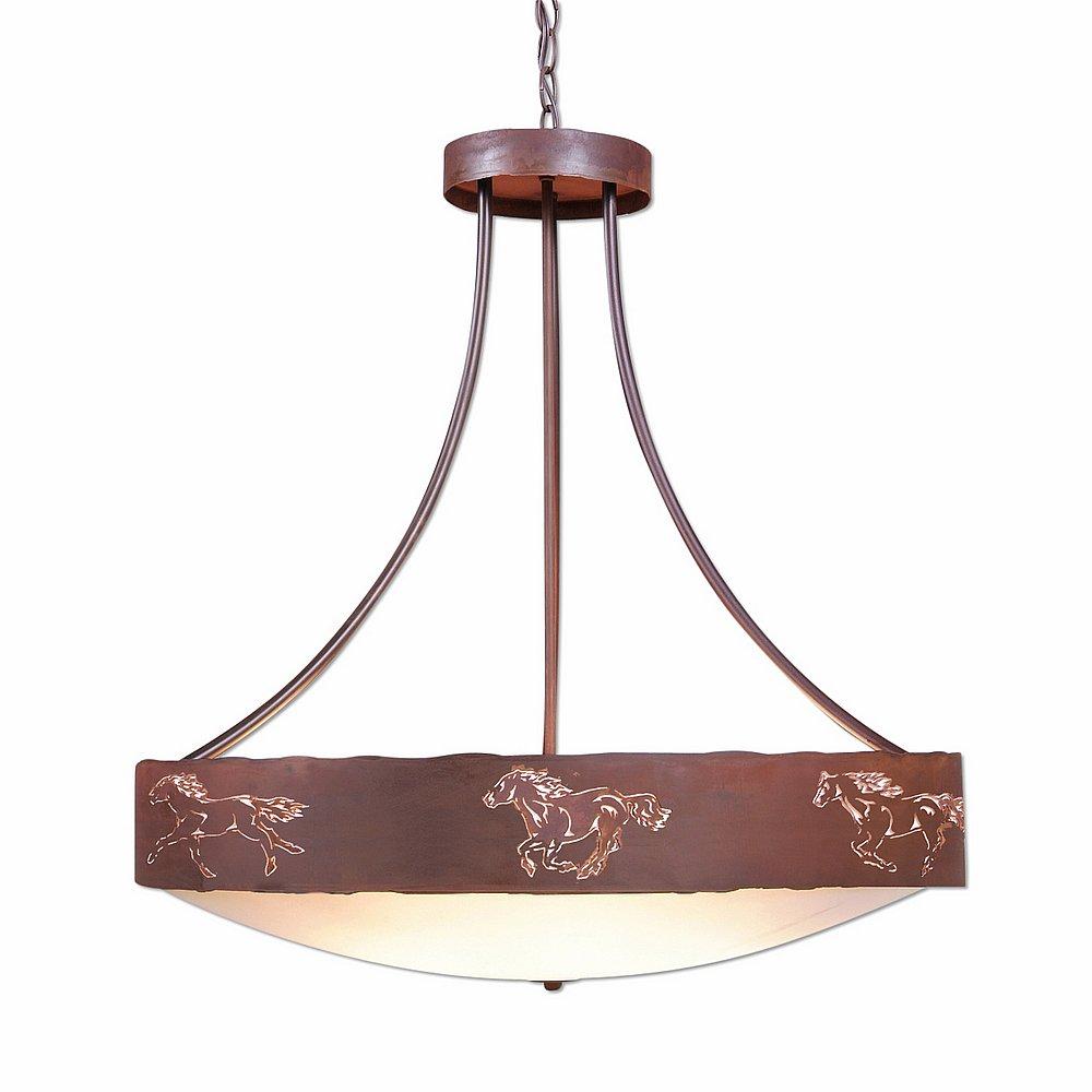 Ridgemont Chandelier Medium - Bowl Bottom - Horse Cutout - Frosted Glass Bowl - Rust Patina Finish