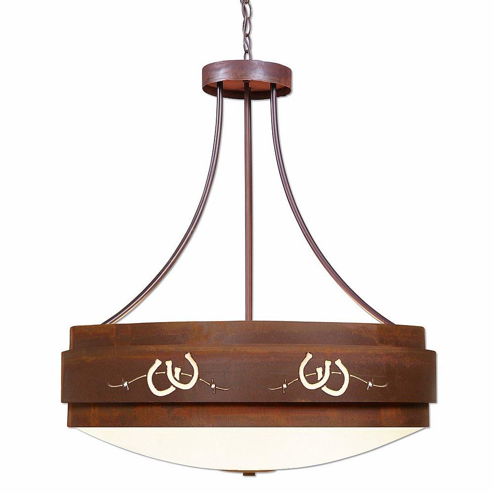 Northridge Chandelier Large - Barb Wire and Horseshoe Cutout - Frosted Glass Bowl