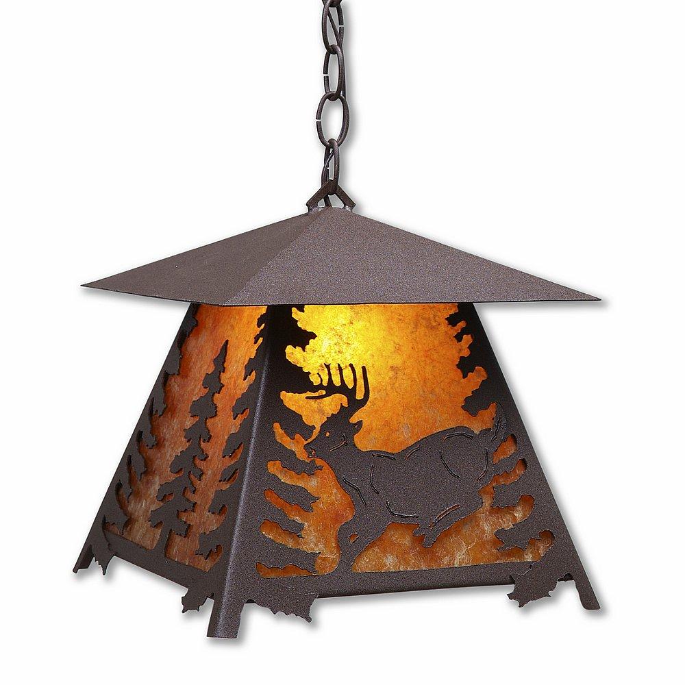 Smoky Mountain Pendant Large - Mountain Deer - Amber Mica Shade - Rustic Brown Finish - Chain