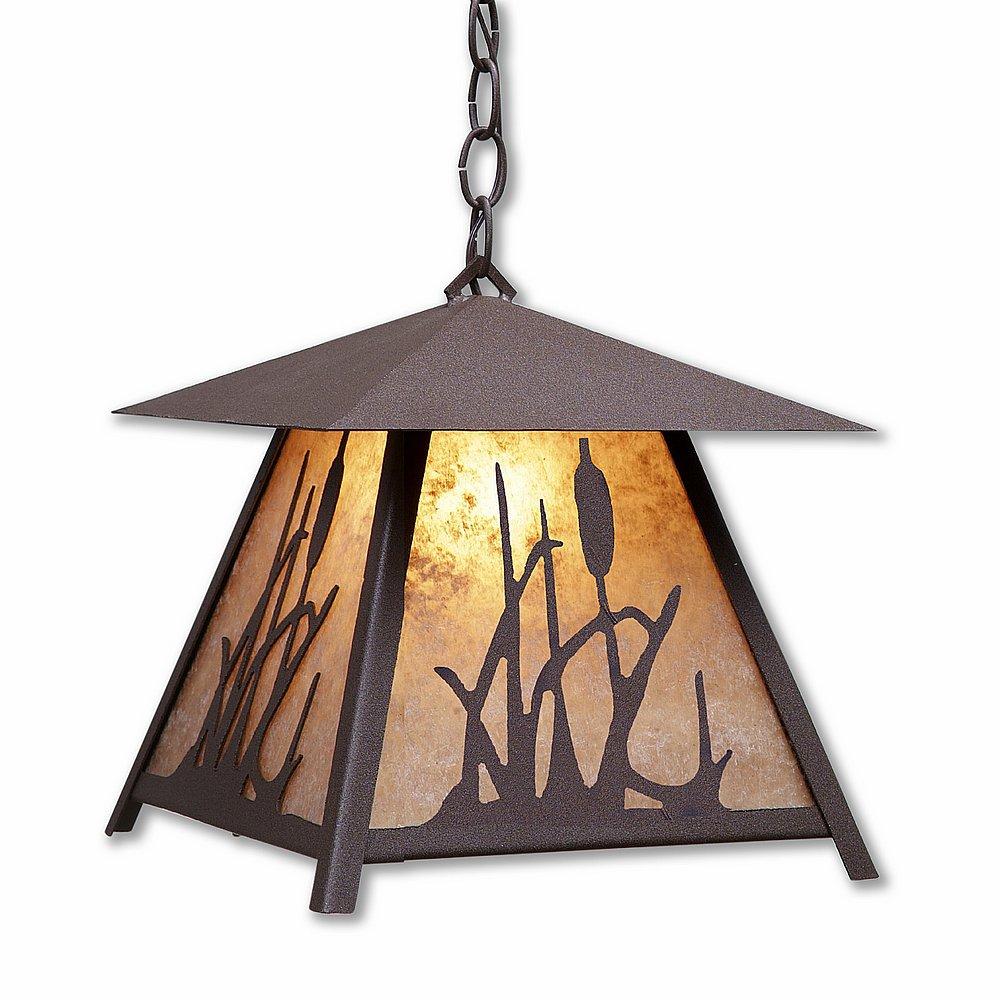 Smoky Mountain Pendant Large - Cattails - Almond Mica Shade - Rustic Brown Finish - Chain