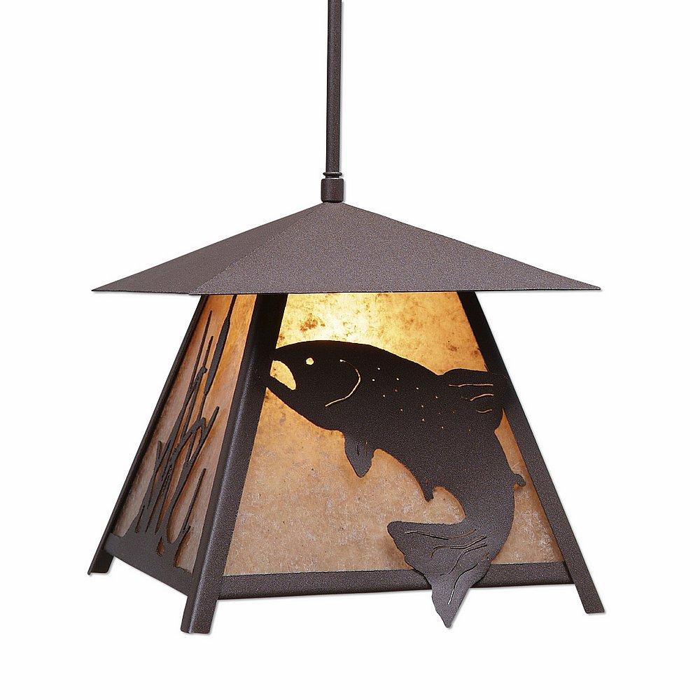 Smoky Mountain Pendant Large - Trout - Almond Mica Shade - Rustic Brown Finish - Adjustable Stem