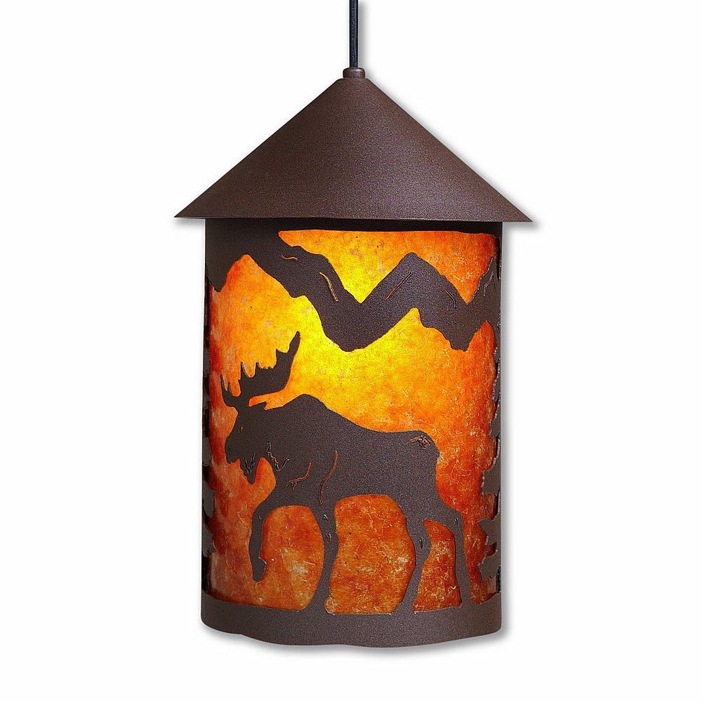 Cascade Pendant Large - Mountain Moose - Amber Mica Shade - Rustic Brown Finish - Adjustable Stem