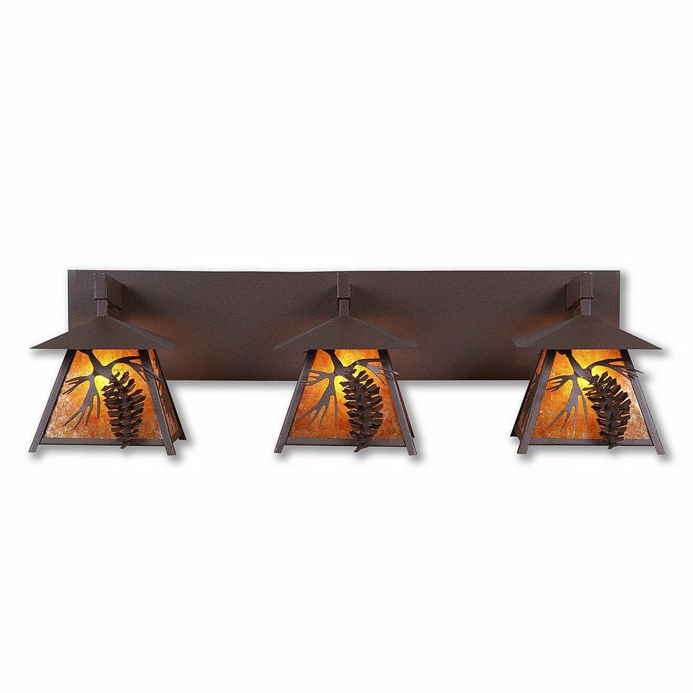Smoky Mountain Triple Bath Vanity Light - Spruce Cone - Amber Mica Shade - Rustic Brown Finish