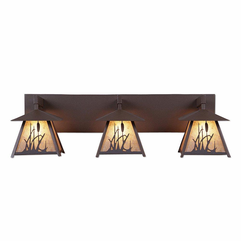 Smoky Mountain Triple Bath Vanity Light - Cattails - Almond Mica Shade - Rustic Brown Finish