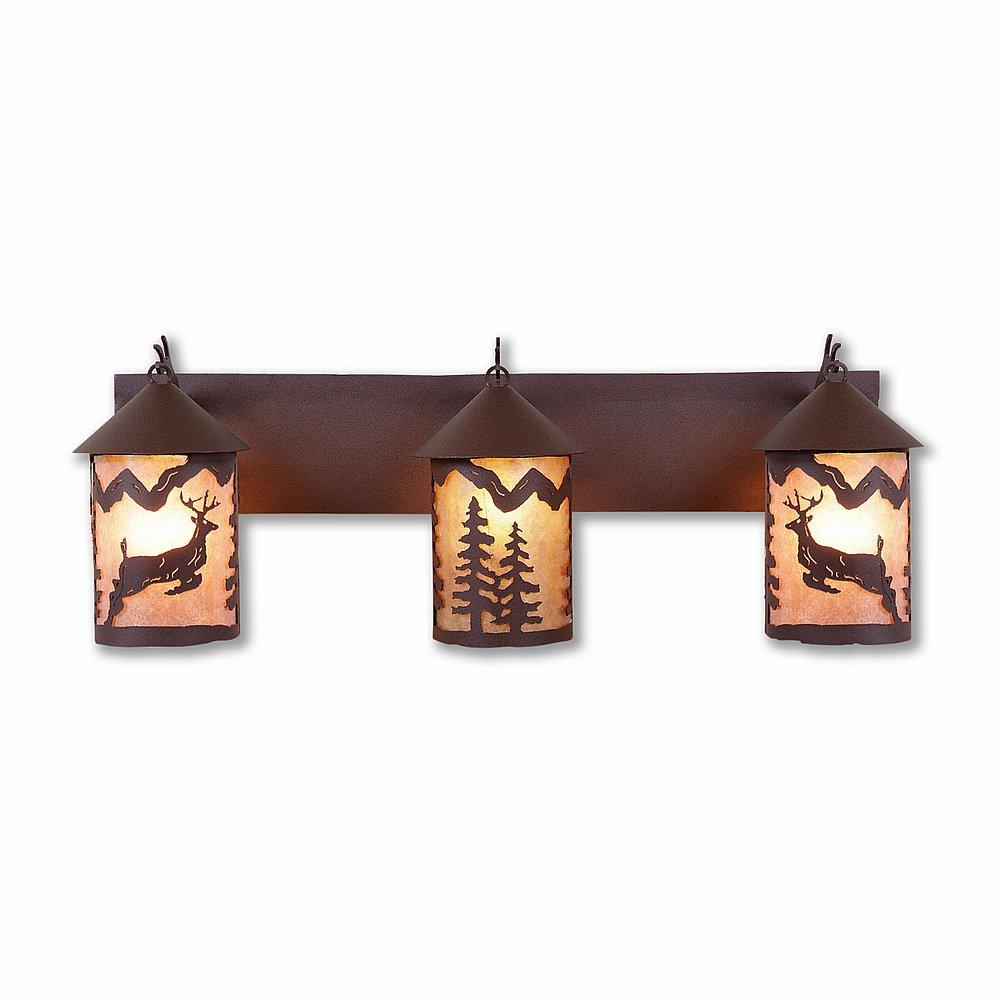 Cascade Triple Bath Vanity Light - Valley Deer - Almond Mica Shade - Rustic Brown Finish