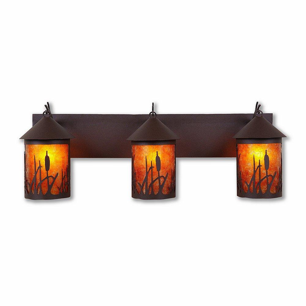 Cascade Triple Bath Vanity Light - Cattails - Amber Mica Shade - Rustic Brown Finish