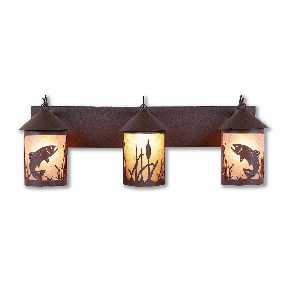 Cascade Triple Bath Vanity Light - Trout - Almond Mica Shade - Rustic Brown Finish