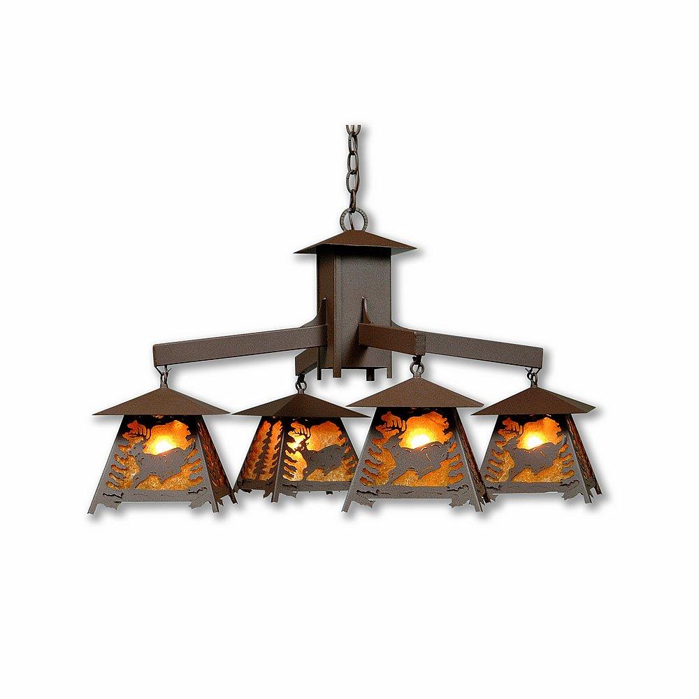 Smoky Mountain 4 Light Chandelier - Mountain Deer - Amber Mica Shade - Rustic Brown Finish