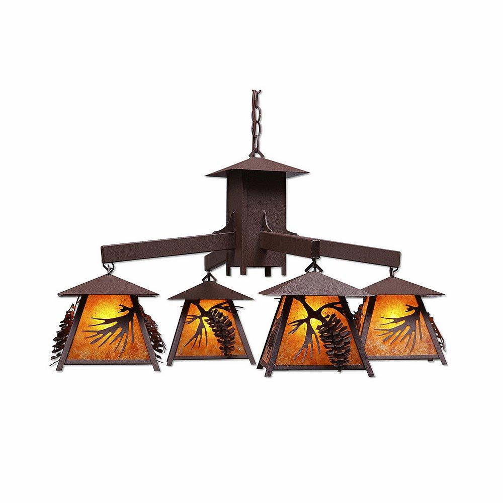 Smoky Mountain 4 Light Chandelier - Spruce Cone - Amber Mica Shade - Rustic Brown Finish