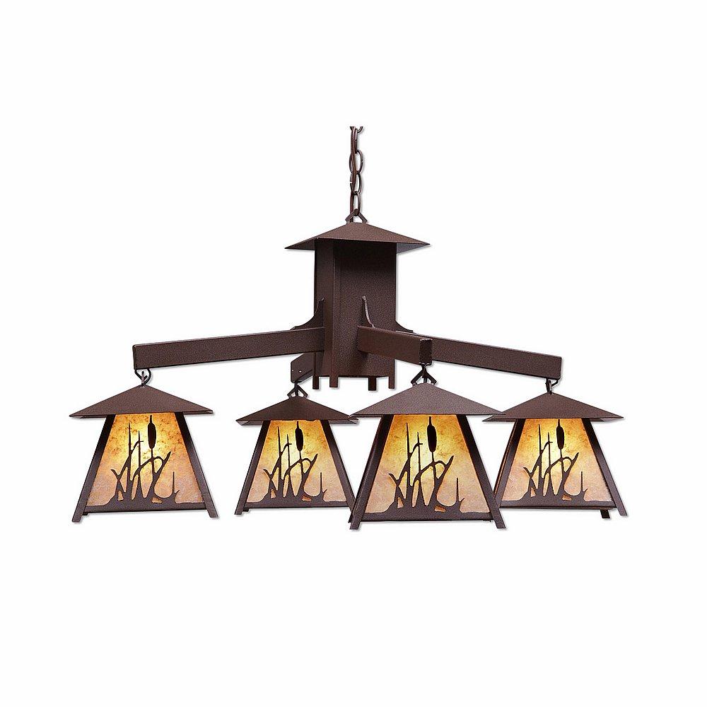 Smoky Mountain 4 Light Chandelier - Cattails - Almond Mica Shade - Rustic Brown Finish