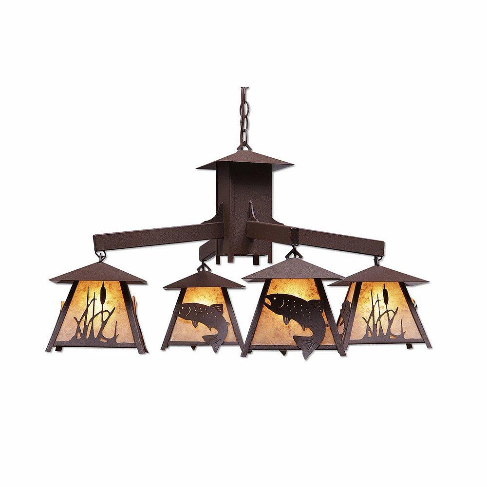 Smoky Mountain 4 Light Chandelier - Trout - Almond Mica Shade - Rustic Brown Finish
