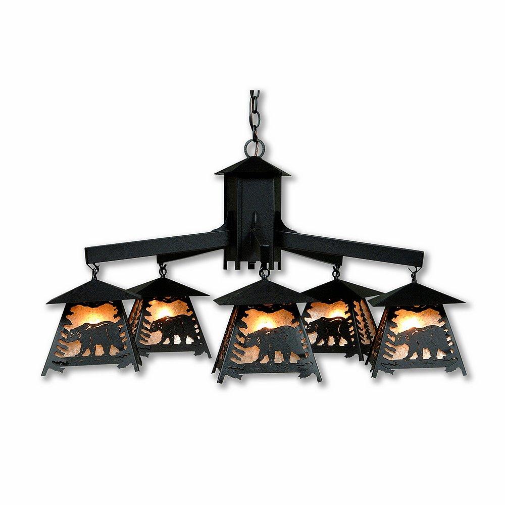 Smoky Mountain 5 Light Chandelier - Mountain Bear - Almond Mica Shade - Black Iron Finish