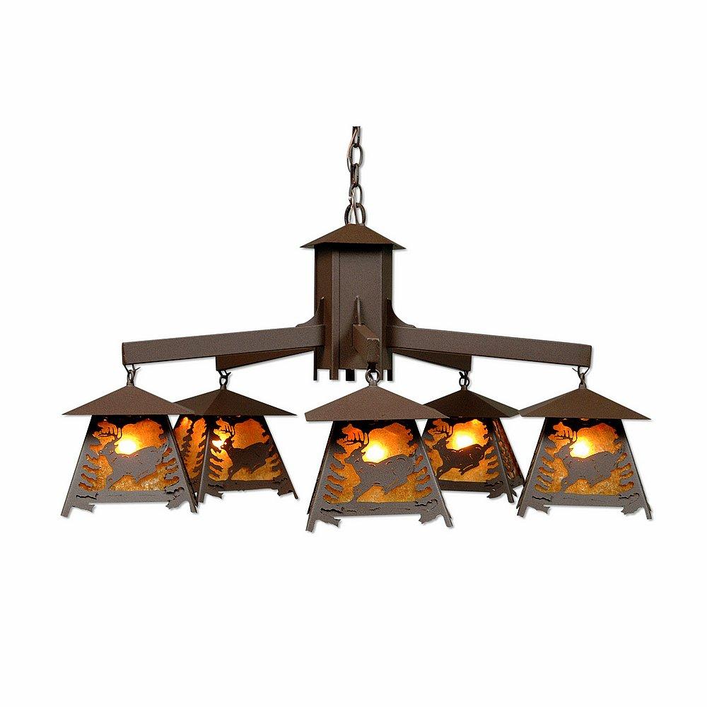 Smoky Mountain 5 Light Chandelier - Mountain Deer - Amber Mica Shade - Rustic Brown Finish