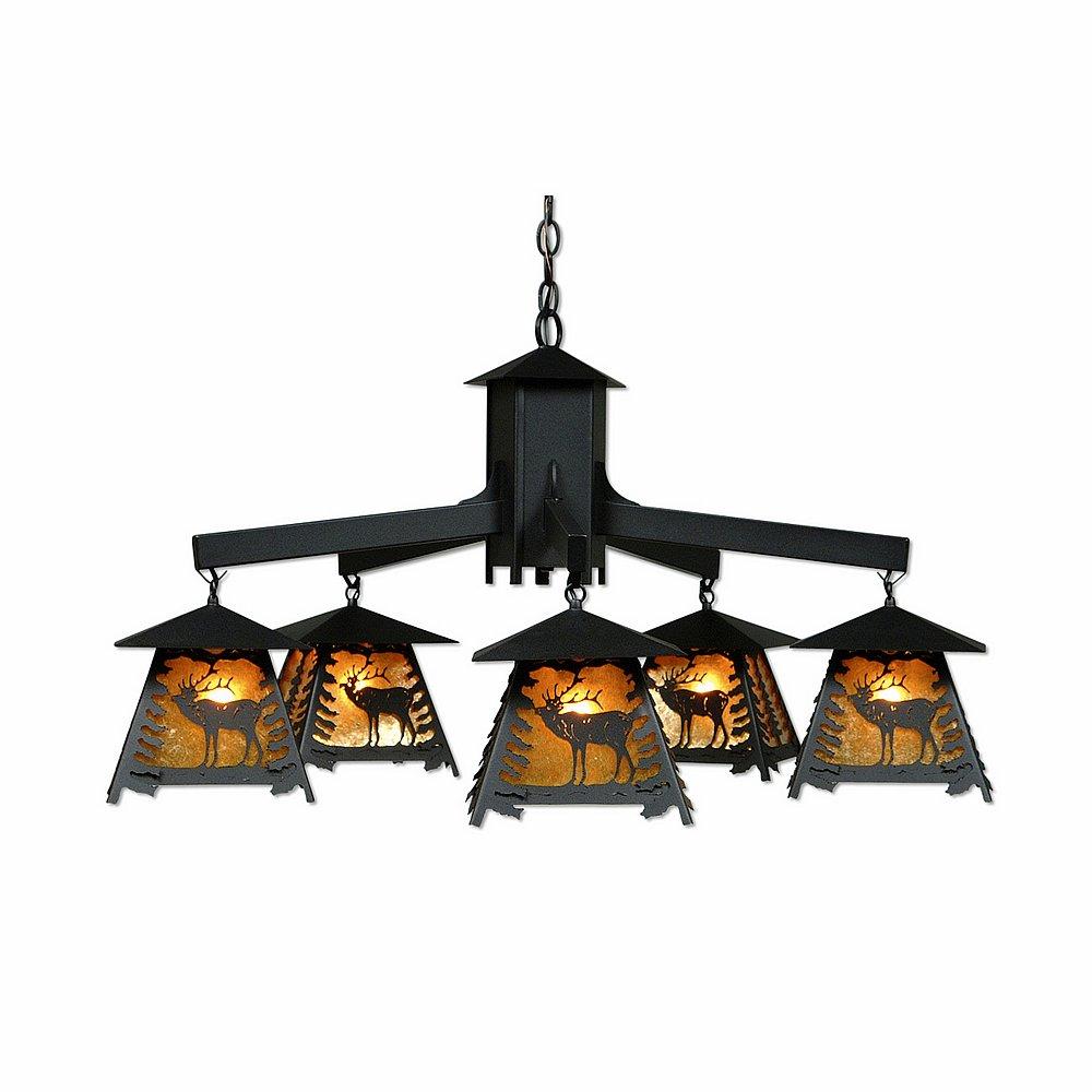 Smoky Mountain 5 Light Chandelier - Mountain Elk - Amber Mica Shade - Black Iron Finish