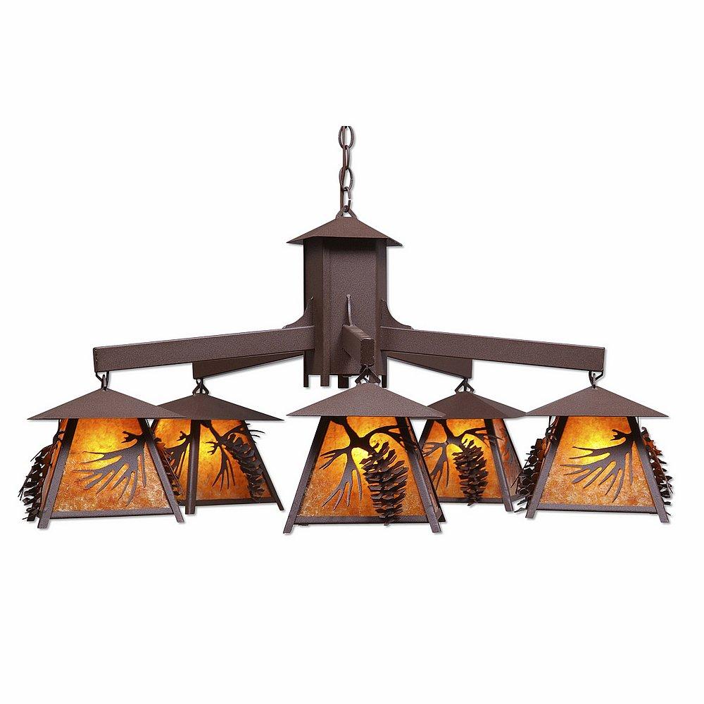 Smoky Mountain 5 Light Chandelier - Spruce Cone - Amber Mica Shade - Rustic Brown Finish