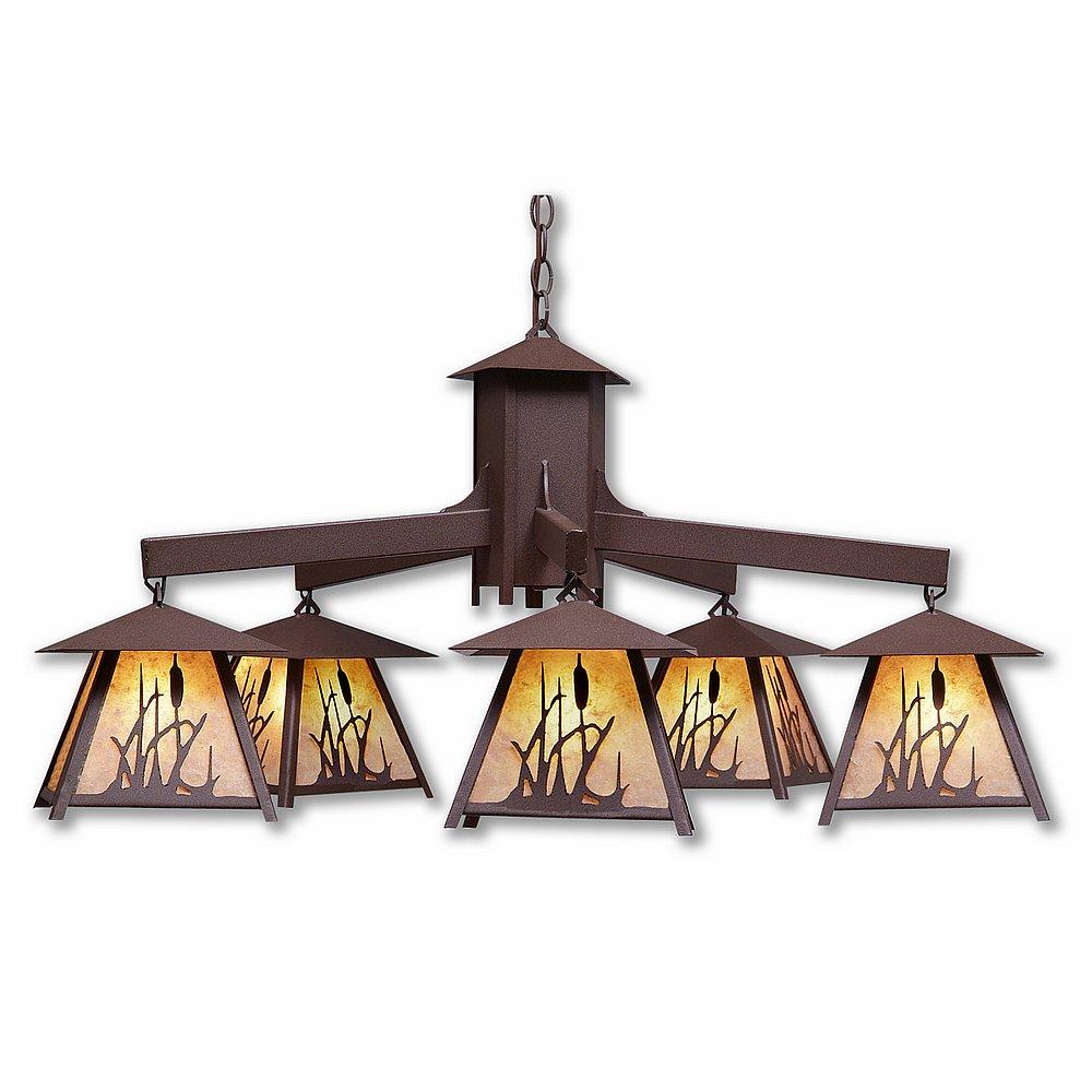 Smoky Mountain 5 Light Chandelier - Cattails - Almond Mica Shade - Rustic Brown Finish