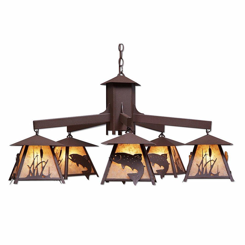 Smoky Mountain 5 Light Chandelier - Trout - Almond Mica Shade - Rustic Brown Finish