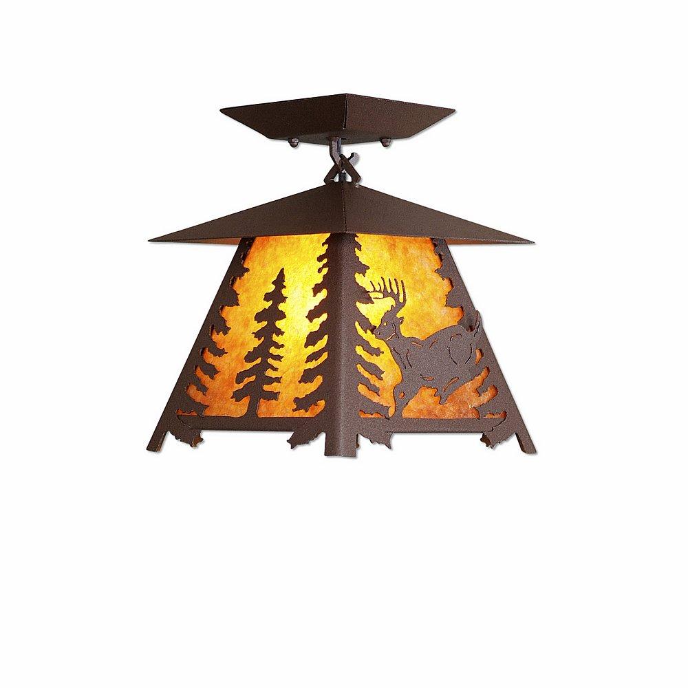 Smoky Mountain Close-to-Ceiling Small - Mountain Deer - Amber Mica Shade - Rustic Brown Finish