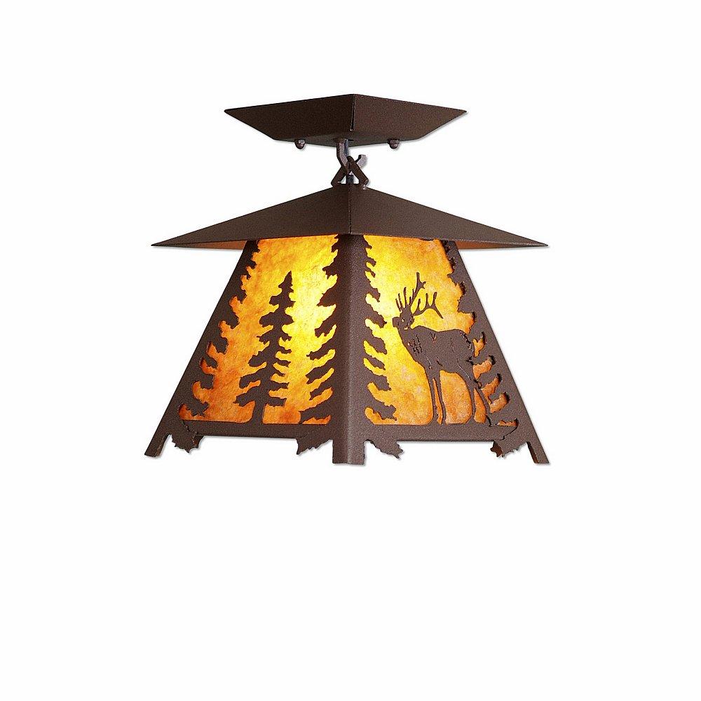Smoky Mountain Close-to-Ceiling Small - Mountain Elk - Amber Mica Shade - Rustic Brown Finish