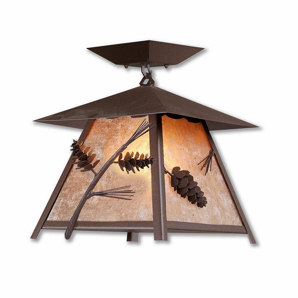 Smoky Mountain Close-to-Ceiling Large - PIne Cone - Almond Mica Shade - Rustic Brown Finish