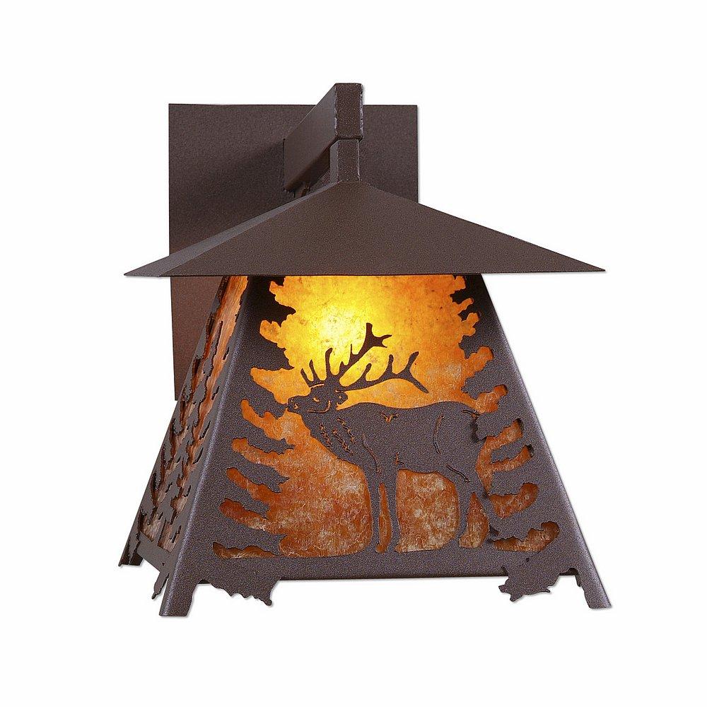 Smoky Mountain Sconce Large - Mountain Elk - Amber Mica Shade - Rustic Brown Finish