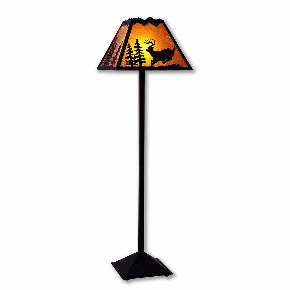 Rocky Mountain Floor Lamp - Mountain Deer - Amber Mica Shade - Black Iron Finish