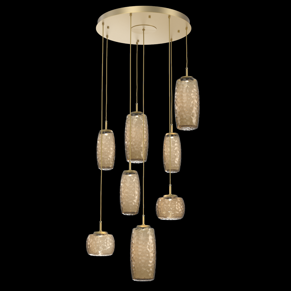 Vessel 8pc Round Multi-Pendant-Gilded Brass-Bronze Blown Glass-Cloth Braided Cord-LED 2700K