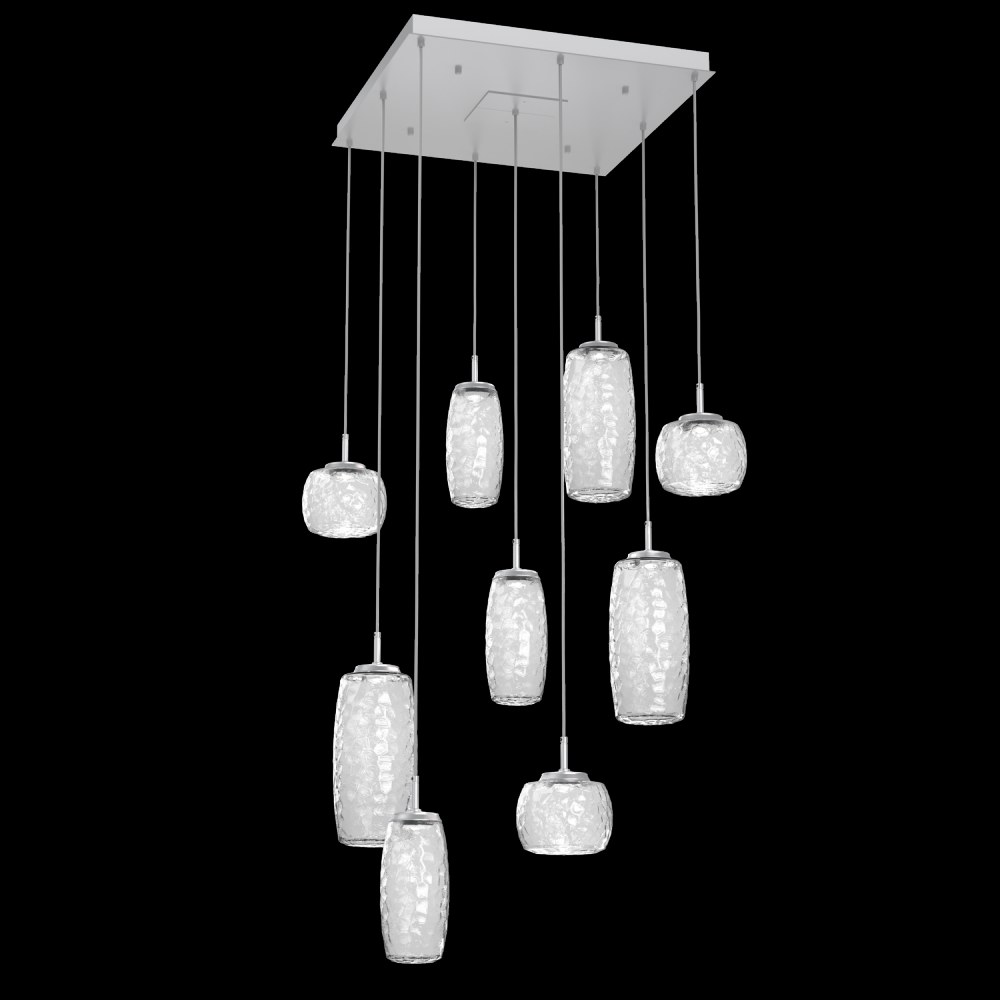 Vessel 9pc Square Multi-Pendant-Classic Silver-Clear Blown Glass-Cloth Braided Cord-LED 2700K