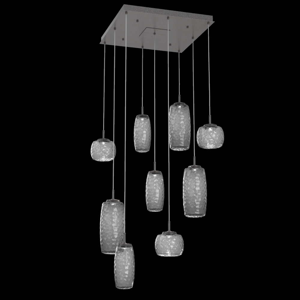 Vessel 9pc Square Multi-Pendant-Graphite-Smoke Blown Glass-Cloth Braided Cord-LED 3000K