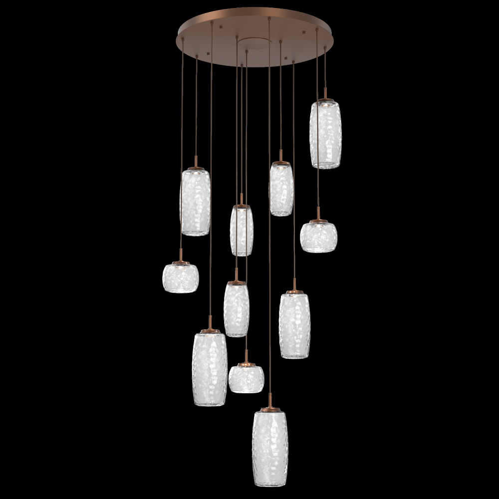 Vessel 11pc Round Multi-Pendant-Burnished Bronze-Clear Blown Glass-Cloth Braided Cord-LED 2700K
