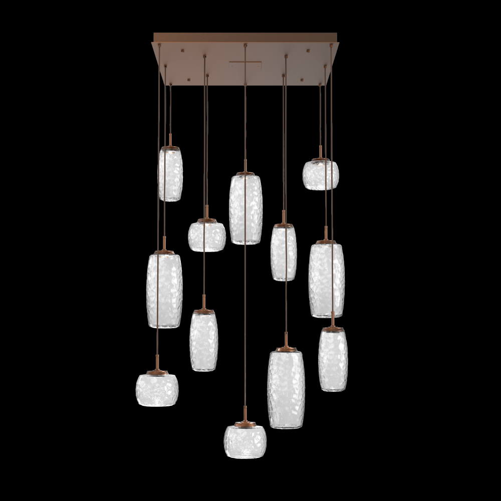 Vessel 12pc Square Multi-Pendant-Burnished Bronze-Clear Blown Glass-Cloth Braided Cord-LED 2700K