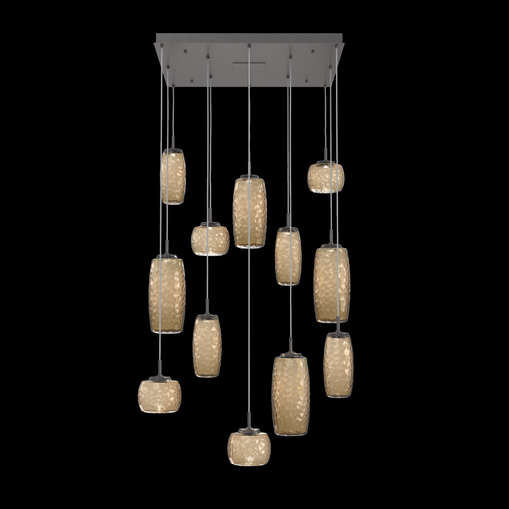 Vessel 12pc Square Multi-Pendant-Graphite-Bronze Blown Glass-Cloth Braided Cord-LED 3000K