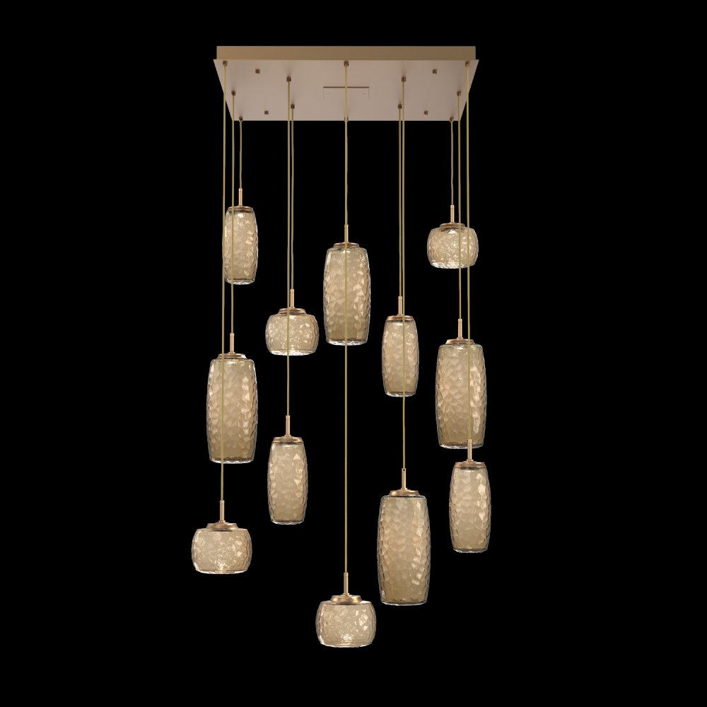 Vessel 12pc Square Multi-Pendant-Novel Brass-Bronze Blown Glass-Cloth Braided Cord-LED 2700K