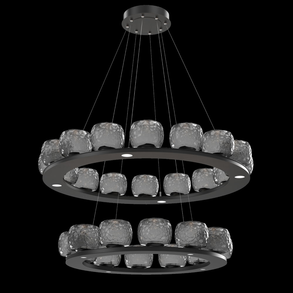 Vessel Two-Tier Platform Ring-Matte Black-Smoke Blown Glass-Stainless Cable-LED 3000K
