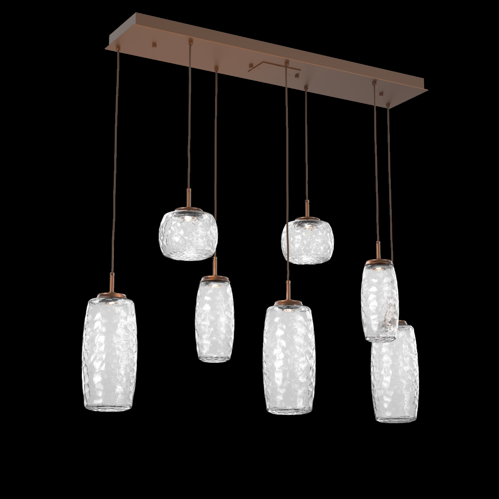 Vessel 7pc Linear Multi-Pendant-Burnished Bronze-Clear Blown Glass-Cloth Braided Cord-LED 2700K