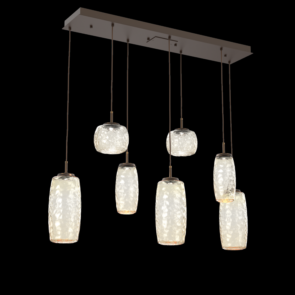 Vessel 7pc Linear Multi-Pendant-Flat Bronze-Amber Blown Glass-Cloth Braided Cord-LED 2700K