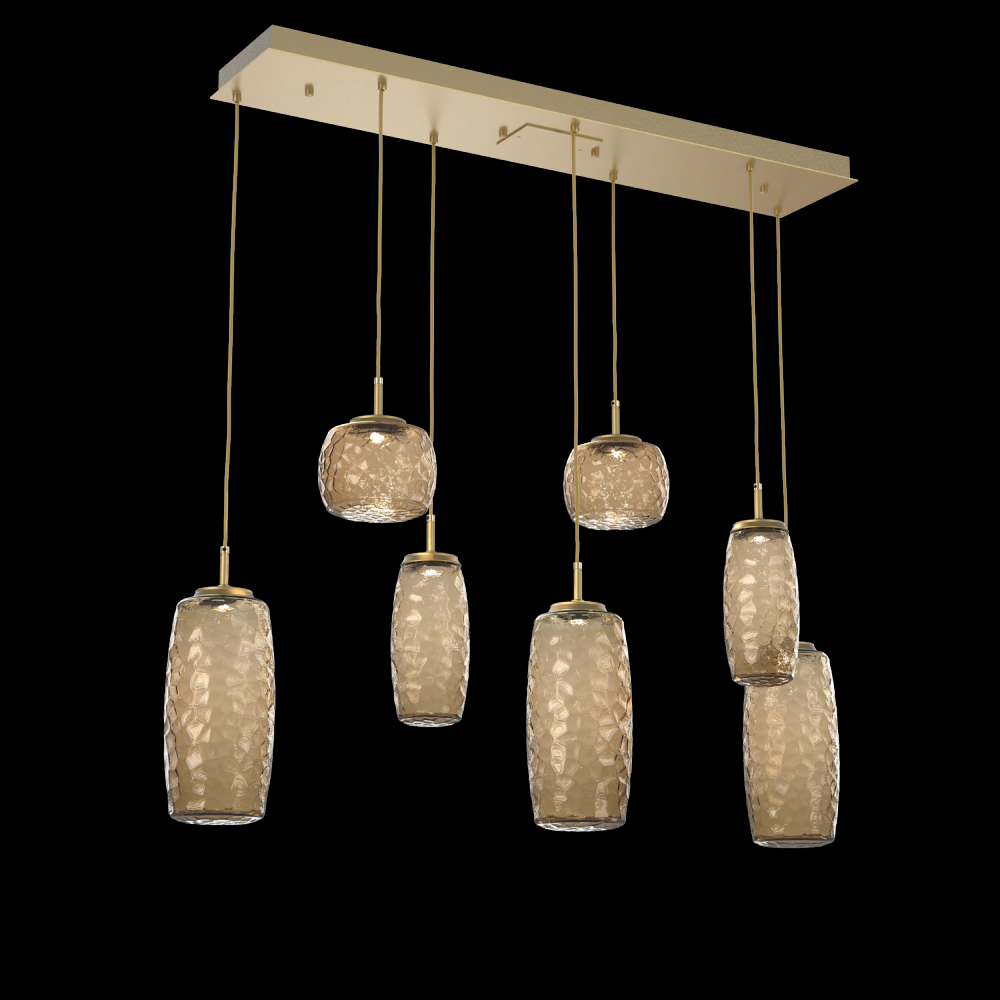 Vessel 7pc Linear Multi-Pendant-Gilded Brass-Bronze Blown Glass-Cloth Braided Cord-LED 3000K