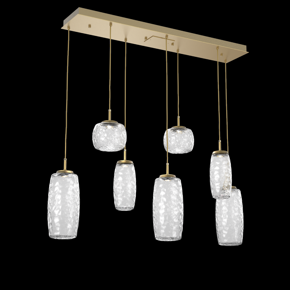 Vessel 7pc Linear Multi-Pendant-Gilded Brass-Clear Blown Glass-Cloth Braided Cord-LED 3000K