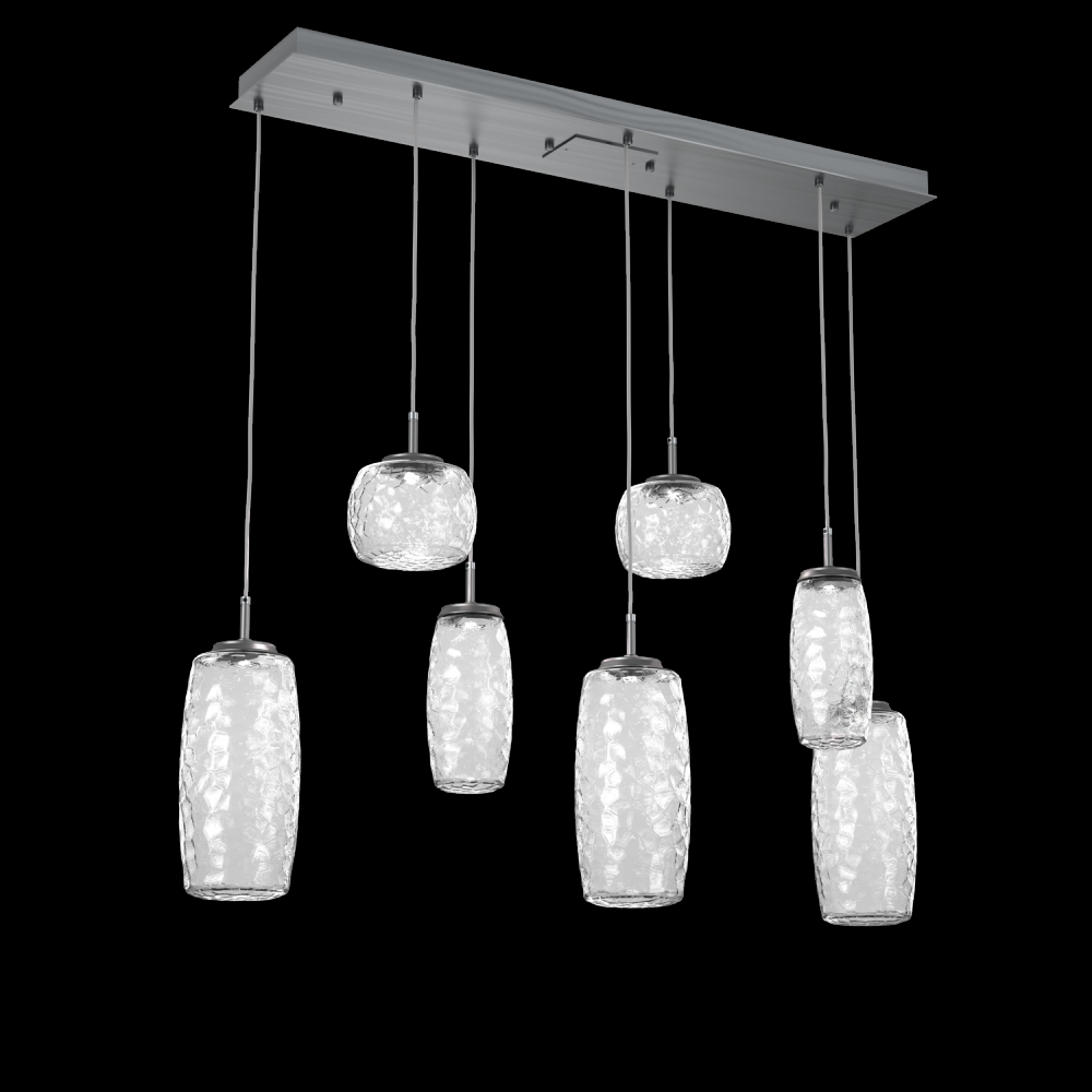 Vessel 7pc Linear Multi-Pendant-Gunmetal-Clear Blown Glass-Cloth Braided Cord-LED 2700K