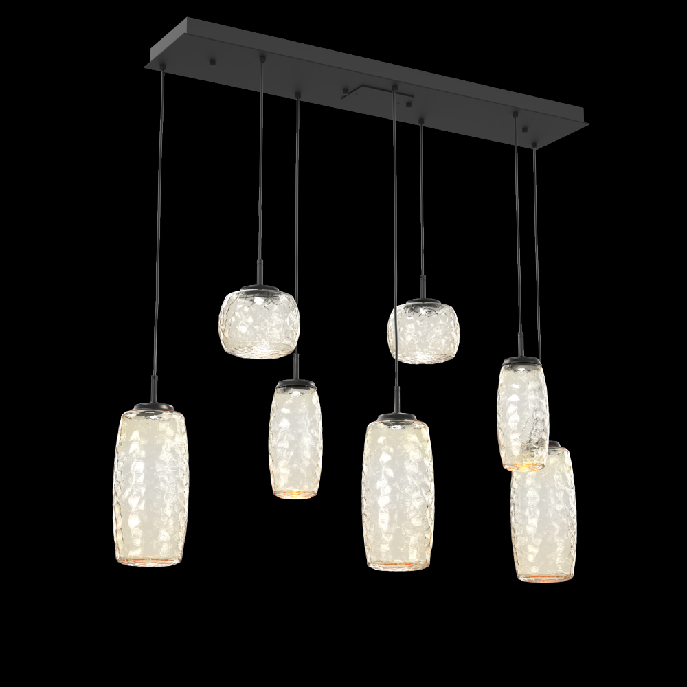 Vessel 7pc Linear Multi-Pendant-Matte Black-Amber Blown Glass-Cloth Braided Cord-LED 3000K