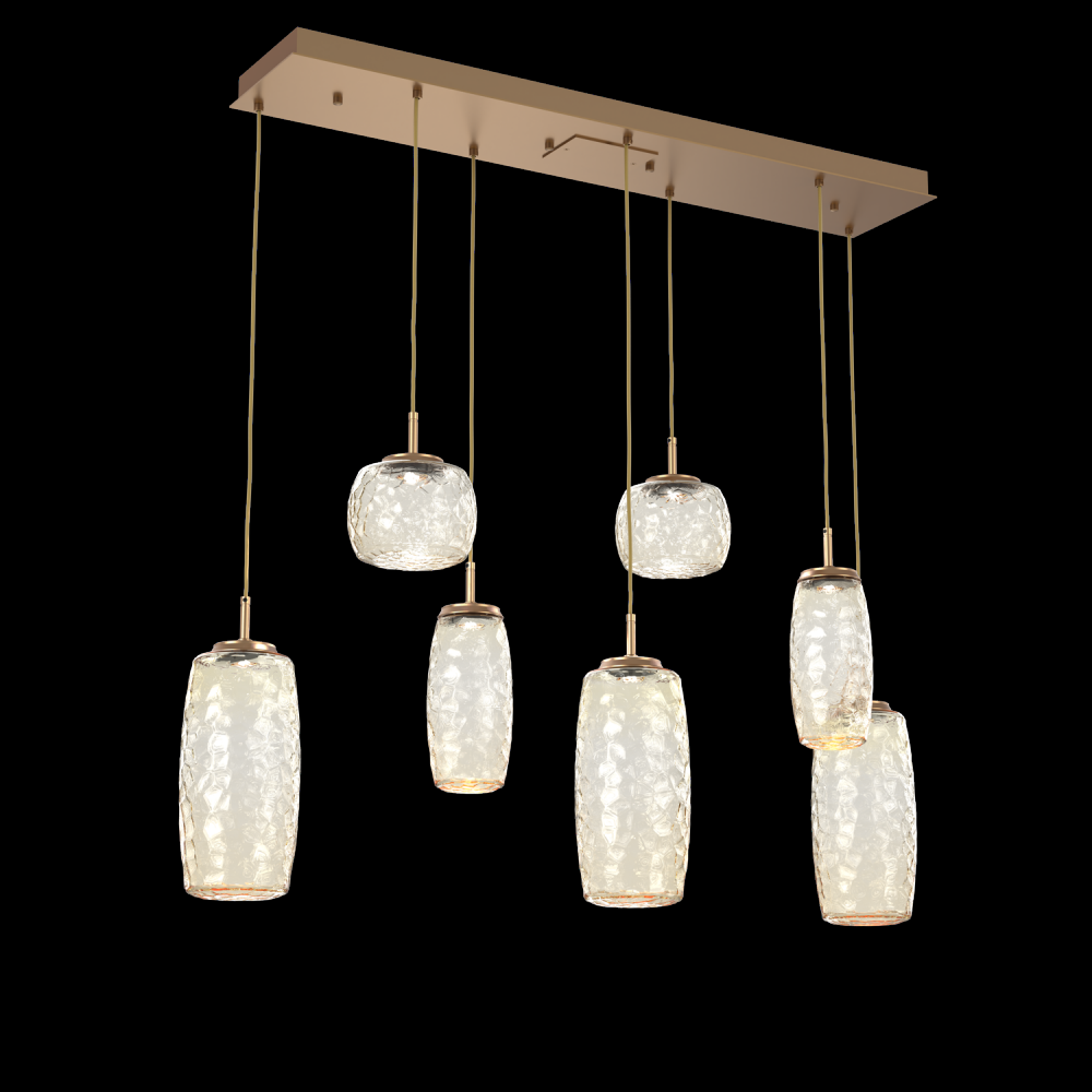 Vessel 7pc Linear Multi-Pendant-Novel Brass-Amber Blown Glass-Cloth Braided Cord-LED 3000K