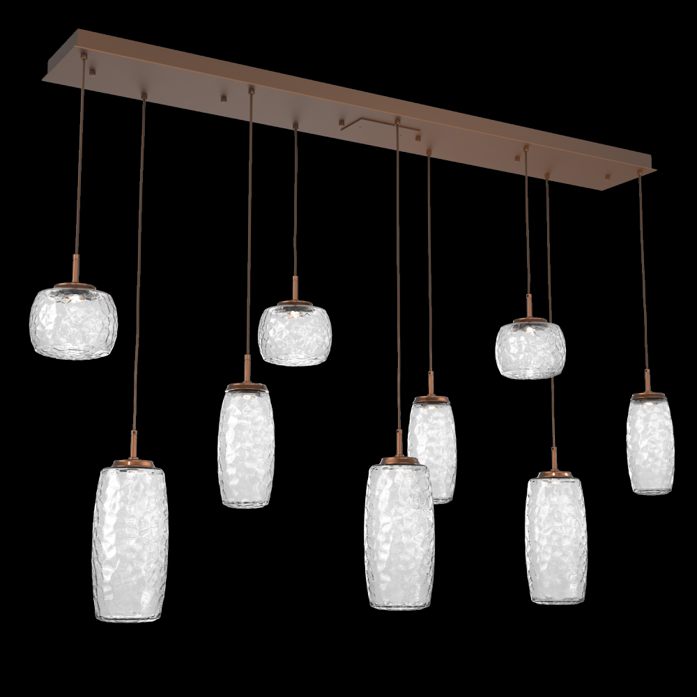 Vessel 9pc Linear Multi-Pendant-Burnished Bronze-Clear Blown Glass-Cloth Braided Cord-LED 2700K