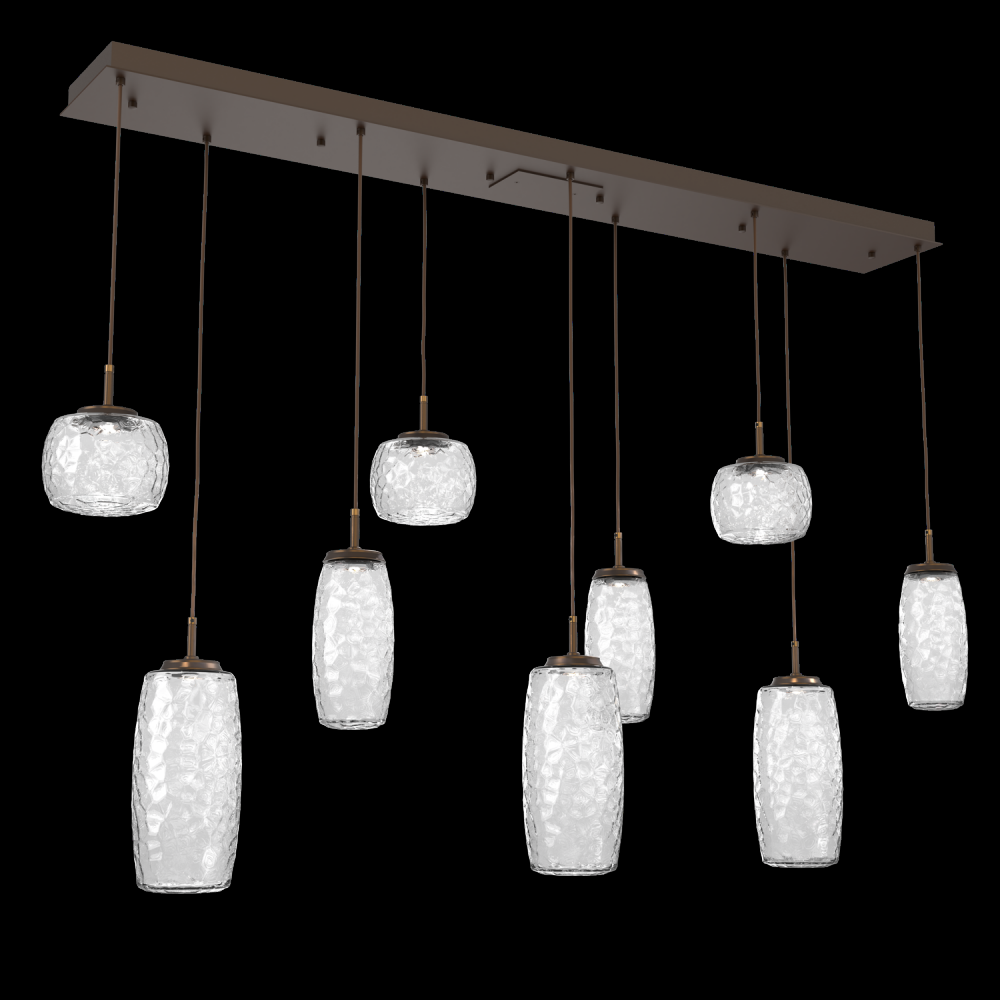 Vessel 9pc Linear Multi-Pendant-Flat Bronze-Clear Blown Glass-Cloth Braided Cord-LED 2700K