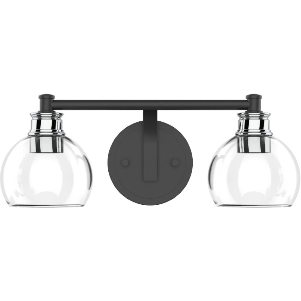 Jinky 2-Light Black Vanity Light With Clear Globe Shades And Brushed Nickel Accents W16" X D6” X