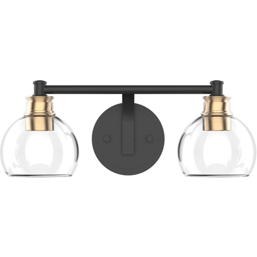 Jinky 2-Light Black Vanity Light With Clear Globe Shades And Gold Accents W16" X D6” X H6”