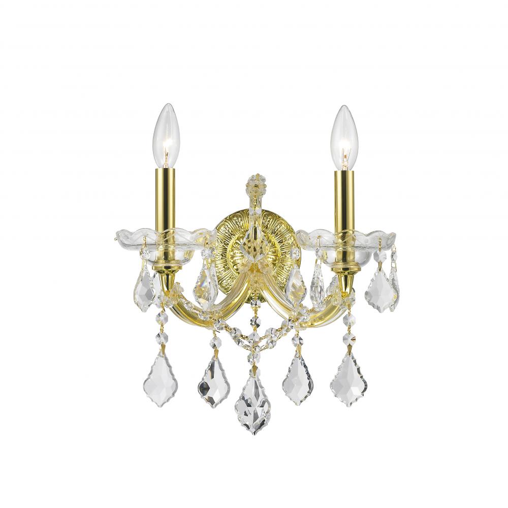 Maria Theresa 2-Light Gold Finish and Clear Crystal Candle Wall Sconce Light 12 in. W x 16 in. H Med